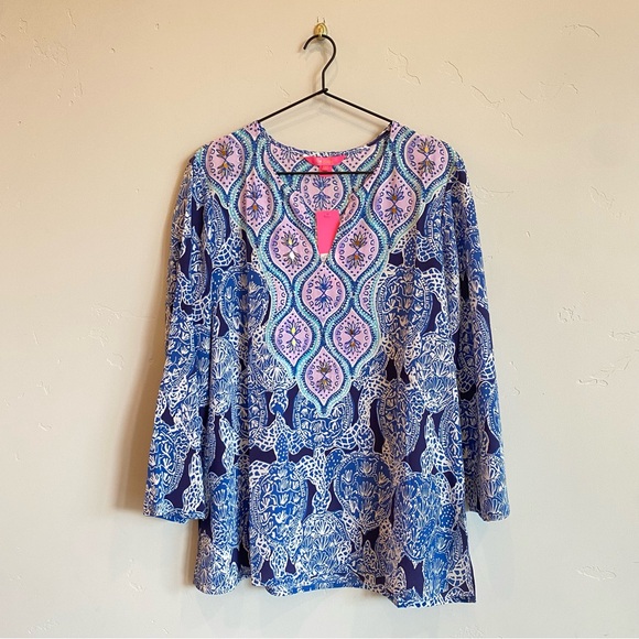 LILLY PULITZER 100% Silk Renato Tunic Deep Indigo Sea Turtle Gold Embellishment - Picture 1 of 11